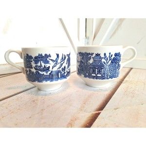 Blue Willow Churchill England Tea Cups Coffee Cups Set Of 2 Vintage Cottage
